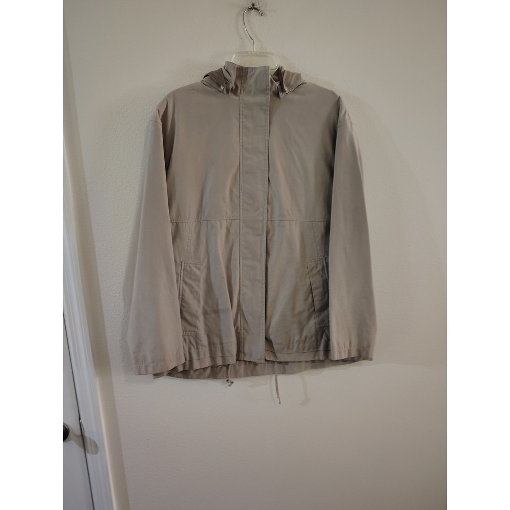 Gallery Hooded Windbreaker Jacket Tan Khaki Full Zip Drawstring Hem Womens XL